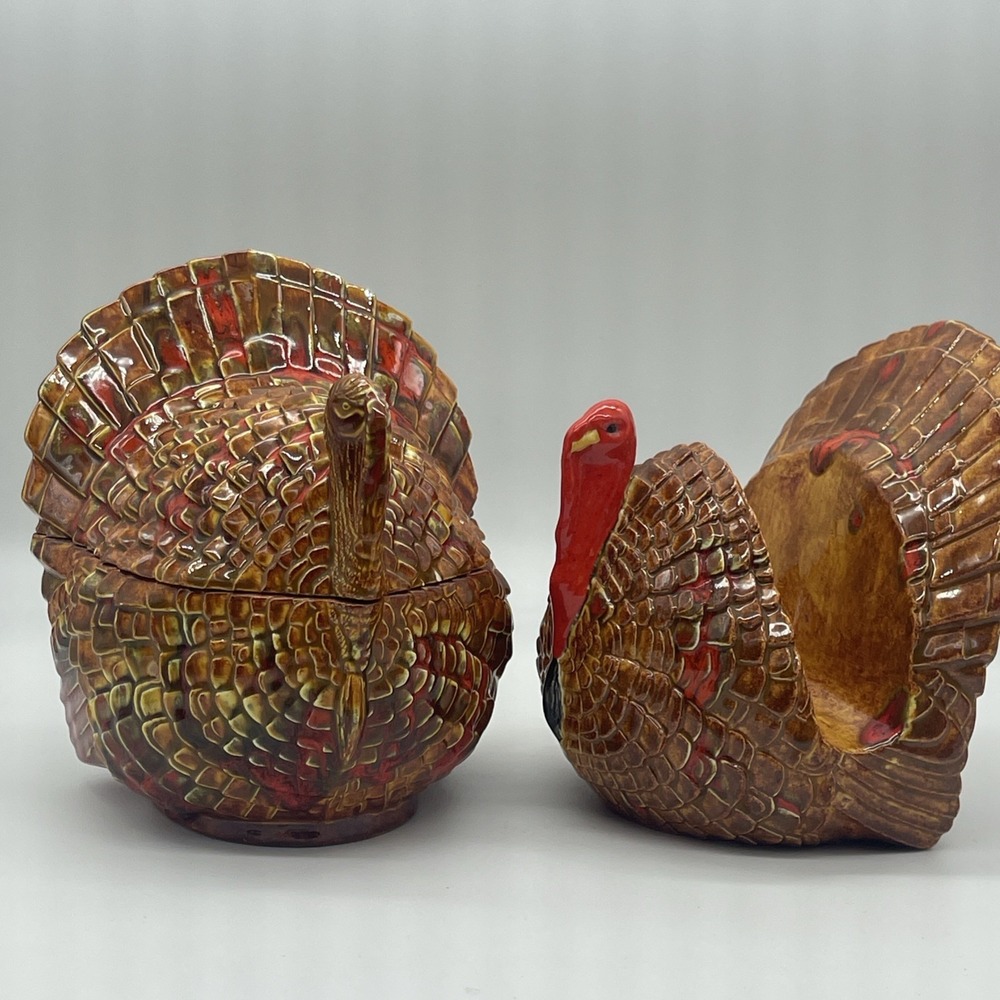 Hand Painted Ceramic Turkey Serving/ Candy Centerpiece W Napkin Holder VTG 80's